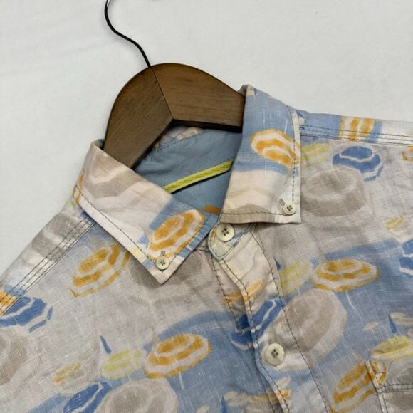 Tommy Bahama Shirt Men's Small Blue Beige Geometric Abstract 100% Linen Summer - Picture 1 of 8